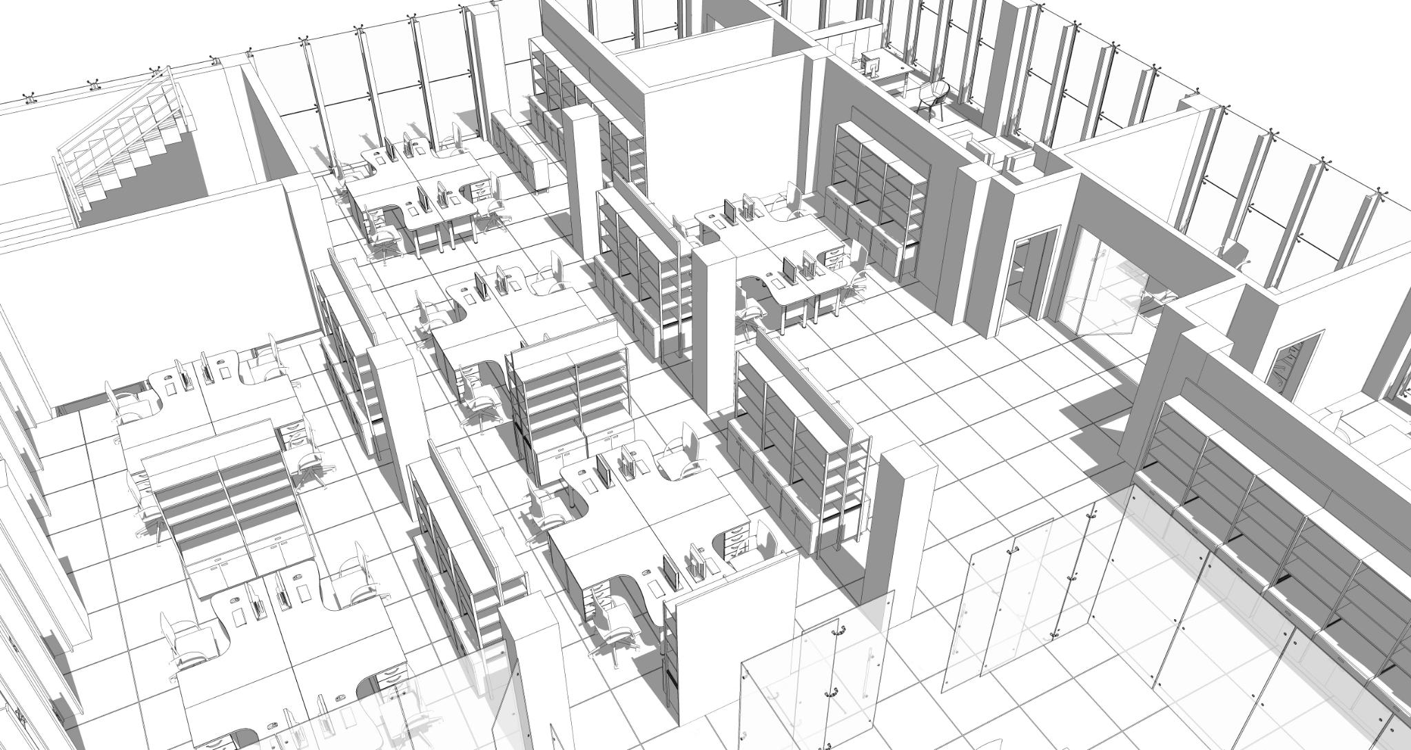 Interior of a modern building modeled in 3D